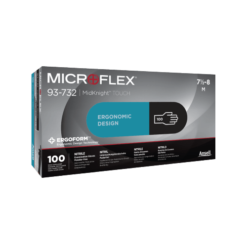 Ühekordsed nitriilkindad Ansell MICROFLEX Midknight Touch 93-732, Ergoform, 100 tk/pakis, 0,07mm, M (7.5-8), mustad