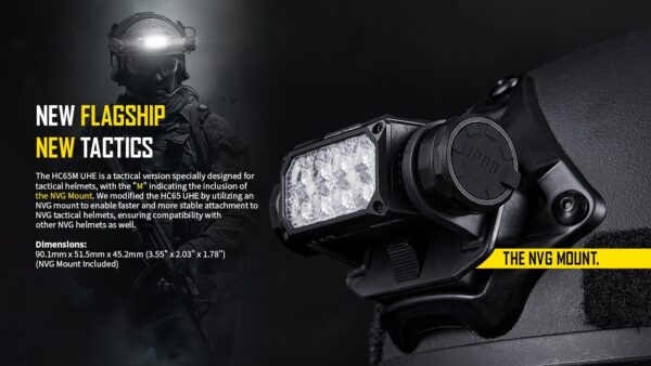Pealamp Nitecore HC65M UHE, taktikaline. 2000lm valgusvihu ulatus kuni 220m. USB-C laetav, NVG kinnitusega. - Image 7