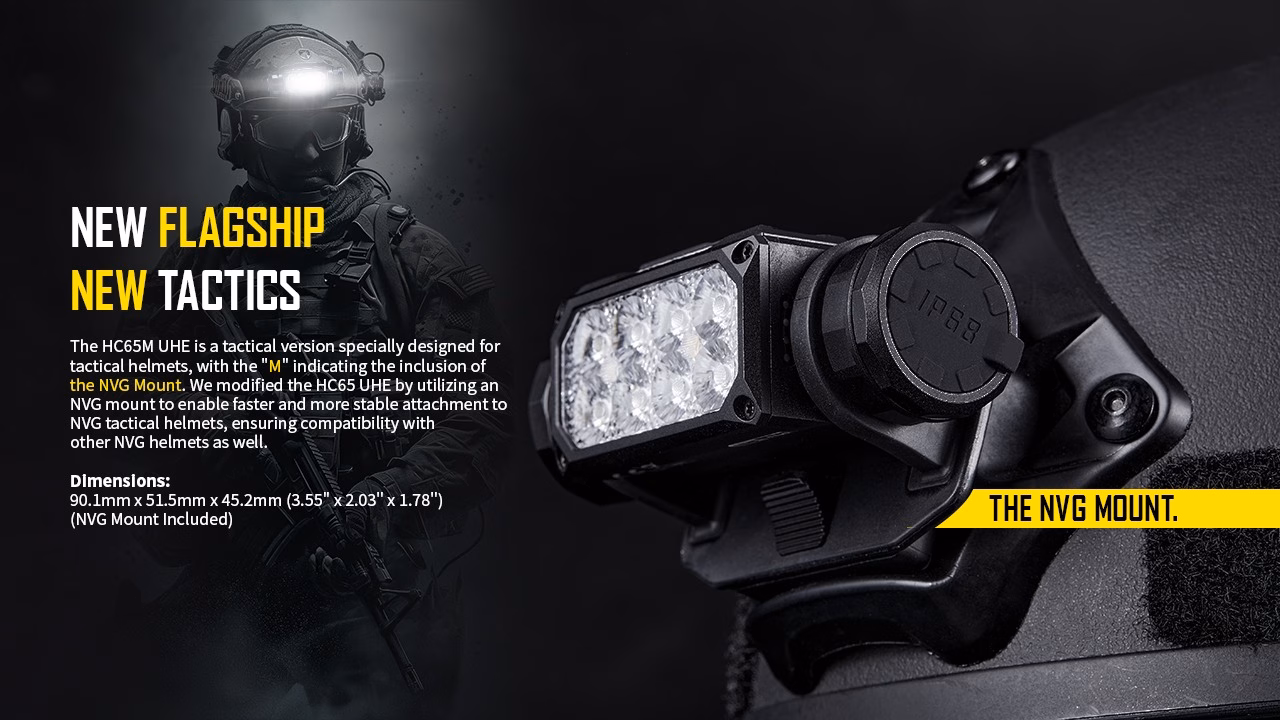 Pealamp Nitecore HC65M UHE, taktikaline. 2000lm valgusvihu ulatus kuni 220m. USB-C laetav, NVG kinnitusega. - Pilt 7