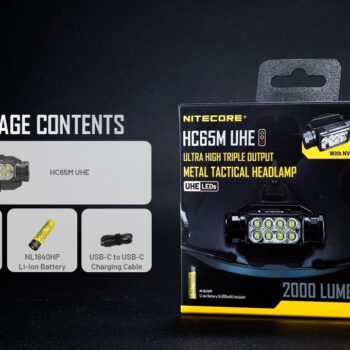 Pealamp Nitecore HC65M UHE, taktikaline. 2000lm valgusvihu ulatus kuni 220m. USB-C laetav, NVG kinnitusega.
