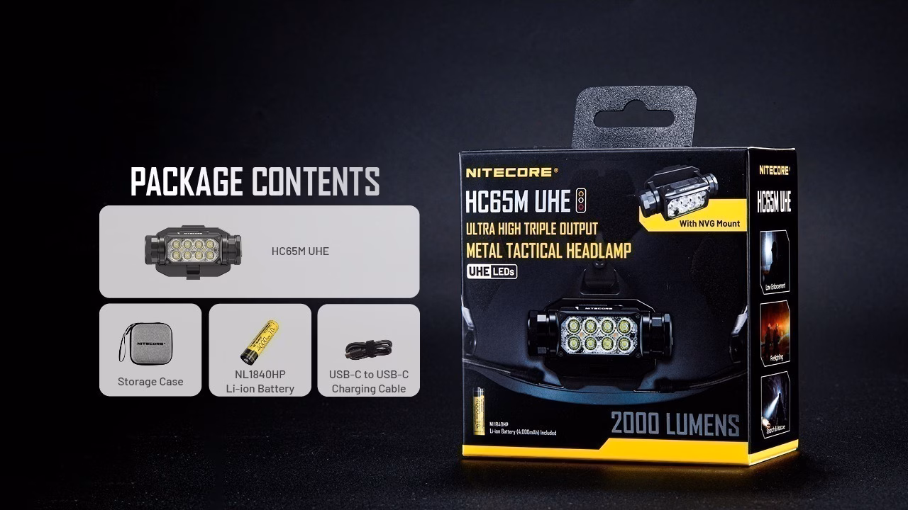 Pealamp Nitecore HC65M UHE, taktikaline. 2000lm valgusvihu ulatus kuni 220m. USB-C laetav, NVG kinnitusega. - Pilt 4
