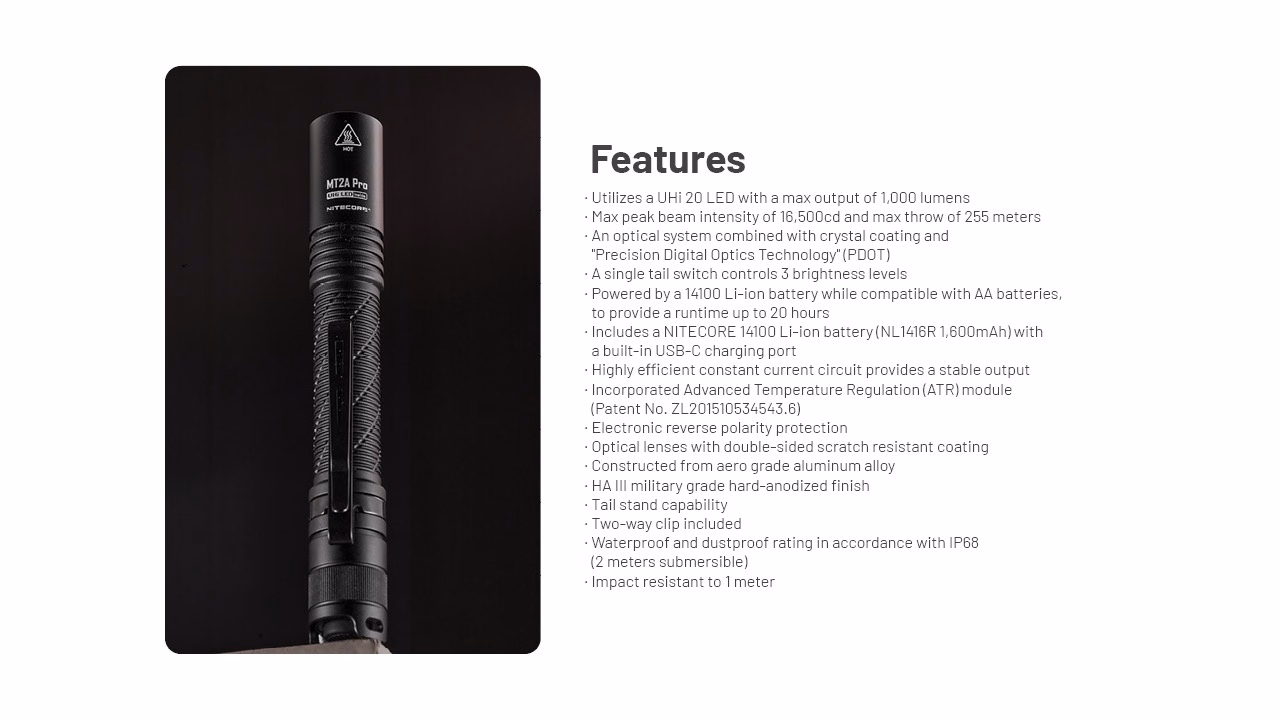 Taskulamp Nitecore MT2A Pro 1000lm, valgusvihu ulatus kuni 255m. LED laetav taskulamp.IP68. - Pilt 19