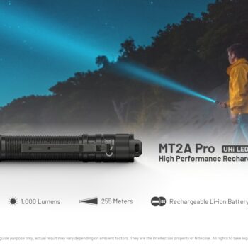 Taskulamp Nitecore MT2A Pro 1000lm, valgusvihu ulatus kuni 255m. LED laetav taskulamp.IP68.