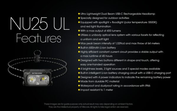 Pealamp Nitecore NU25 MCT UL 400lm, valgusvihu ulatus kuni 64m. USB-C laetav mitme valgusvärviga, ülikerge. IP66. - Image 22