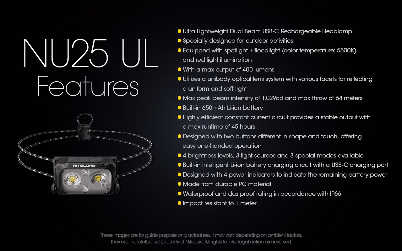Pealamp Nitecore NU25 MCT UL 400lm, valgusvihu ulatus kuni 64m. USB-C laetav mitme valgusvärviga, ülikerge. IP66. - Pilt 22