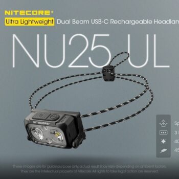 Pealamp Nitecore NU25 MCT UL 400lm, valgusvihu ulatus kuni 64m. USB-C laetav mitme valgusvärviga, ülikerge. IP66.