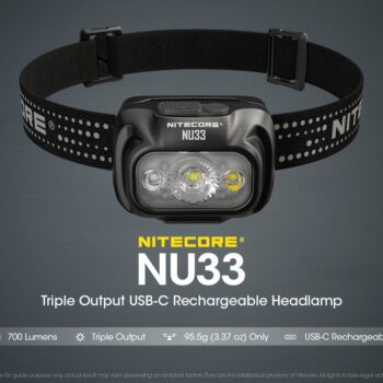 Pealamp Nitecore NU33, valge ja punase valgusega. 700lm, valgusvihu ulatus kuni 135m. LED laetav. IP66.
