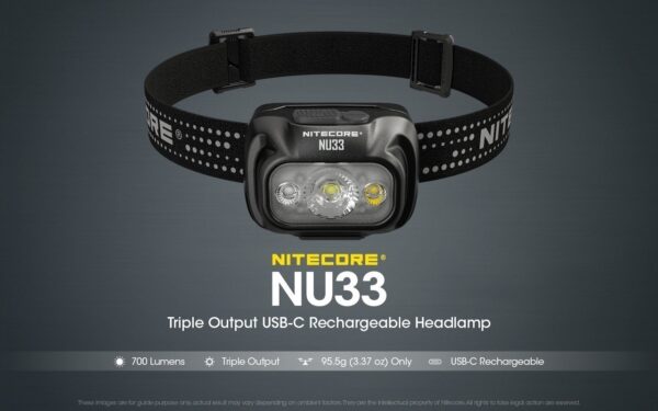 Pealamp Nitecore NU33, valge ja punase valgusega. 700lm, valgusvihu ulatus kuni 135m. LED laetav. IP66.