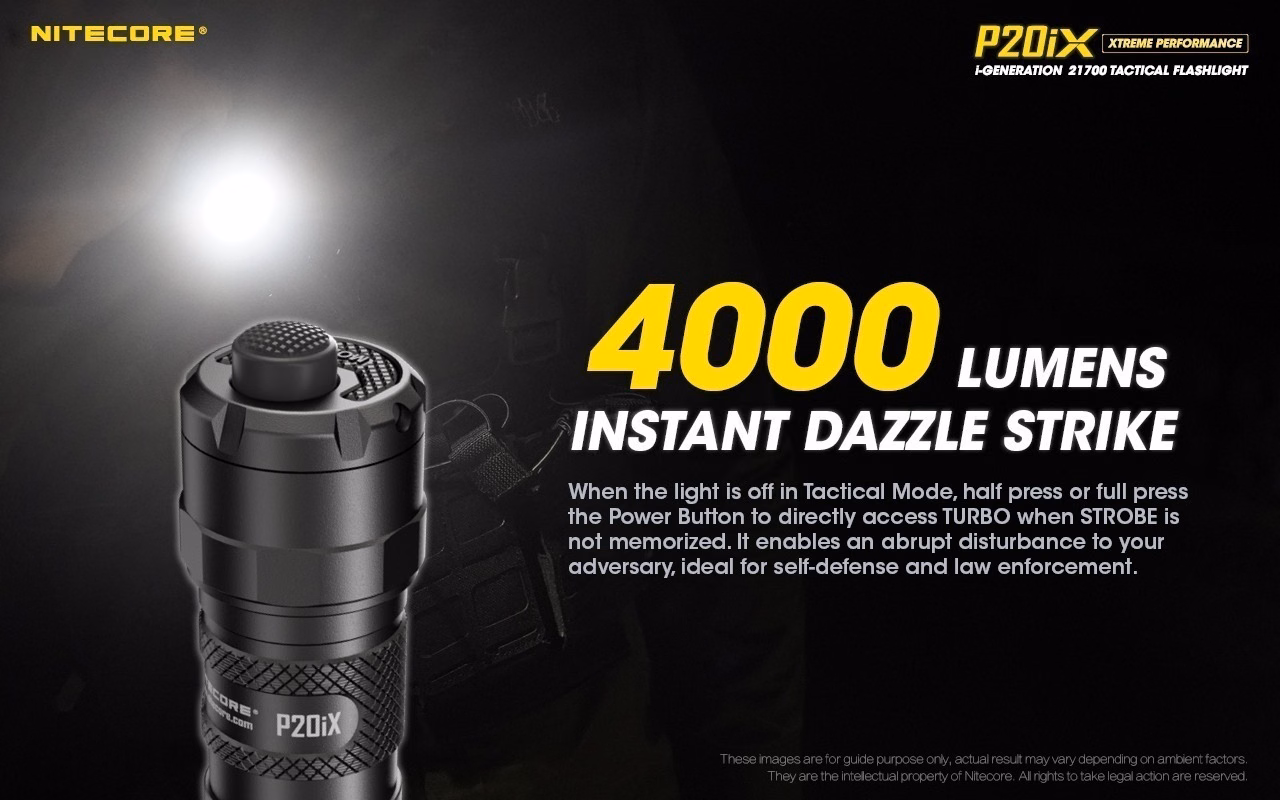 Taskulamp taktikaline Nitecore P20iX 4000lm, valgusvihu ulatus 221m. USB-C laetav. IP68. - Pilt 11