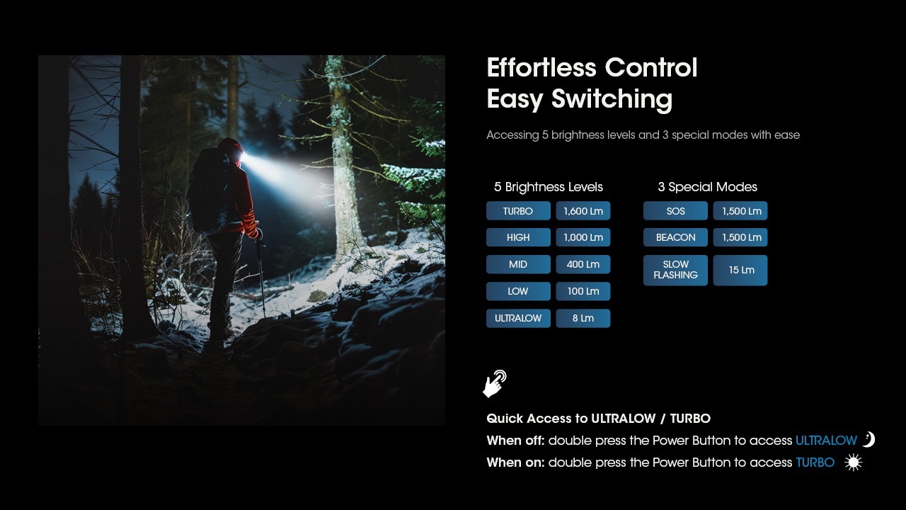 Nitecore HC60 UHE 1600lm USB-C laetav pealamp. 1600lm, valgusvihu ulatus kuni ca.157m. LED laetav. IP68. - Image 12