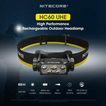 Nitecore HC60 UHE 1600lm USB-C laetav pealamp. 1600lm, valgusvihu ulatus kuni ca.157m. LED laetav. IP68.