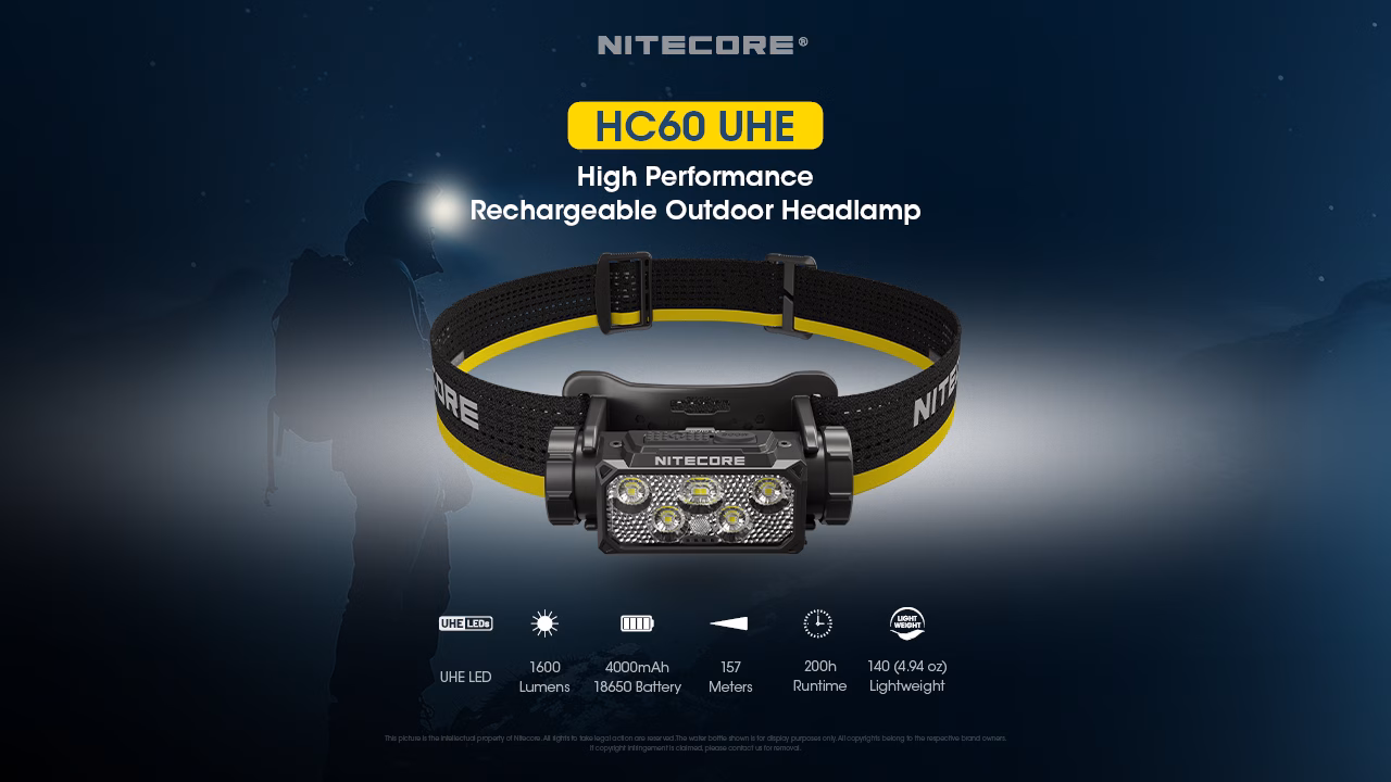 Nitecore HC60 UHE 1600lm USB-C laetav pealamp. 1600lm, valgusvihu ulatus kuni ca.157m. LED laetav. IP68. - Pilt 3