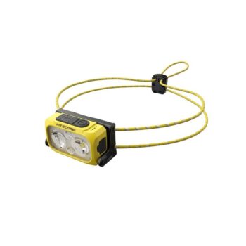 Nitecore NU21 pealamp – valge ja punane valgus, 360 lm, USB-C laadimine, 37 h tööaeg, IP66, 44 g, kollane