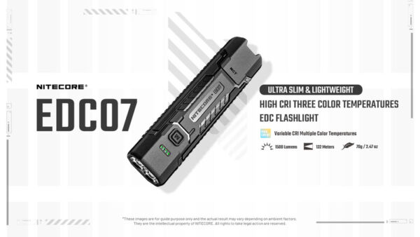 Nitecore EDC07 taskulamp – laetav USB-C, 1500 luumenit, 3 valgusvärvi, IP67, 70 g