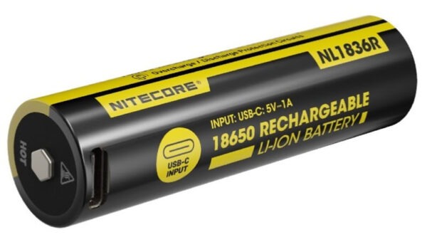 Nitecore NL1836R laetav 18650 Li-ion aku – 3600 mAh, USB-C laadimine, 6A, nikkelkattega teras