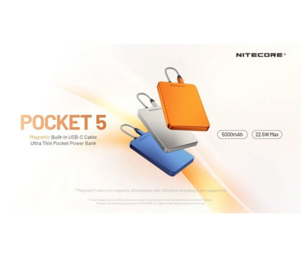 Nitecore Pocket 5 magnetiline akupank – 5000mAh, 9mm, sisseehitatud USB-C kaabel, 22.5W kiirlaadimine, IPX7, sinine